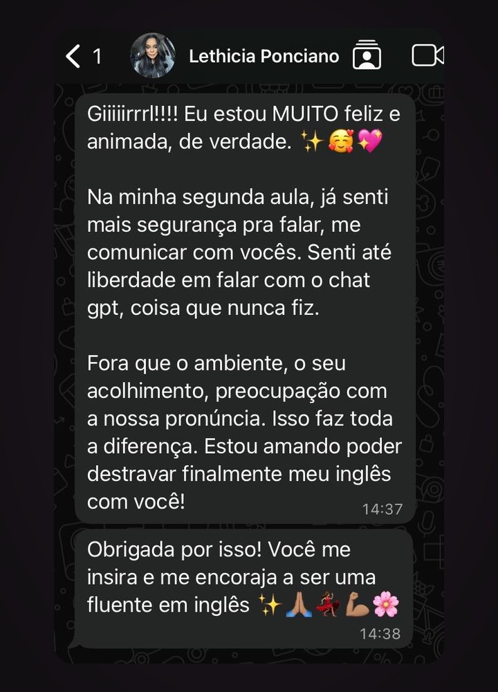 Feedback da aluna Lethicia da mentoria Speak Like a Boss