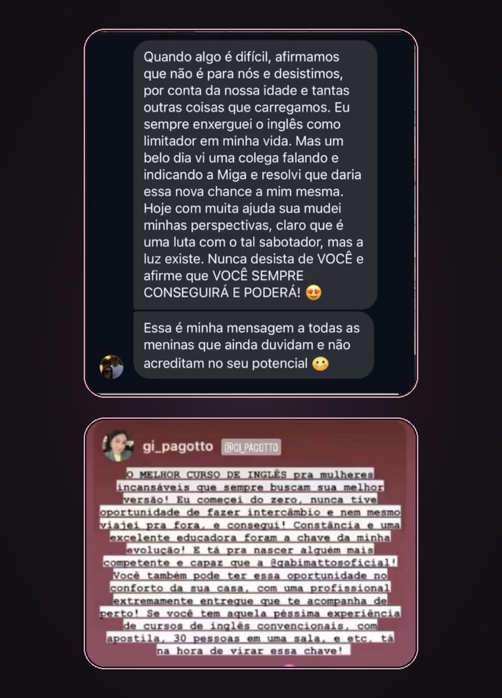 Feedbacks de alunas da mentoria Speak Like a Boss